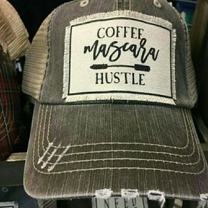 COFFEE MASCARA HUSTLE Distressed Trucker Hat